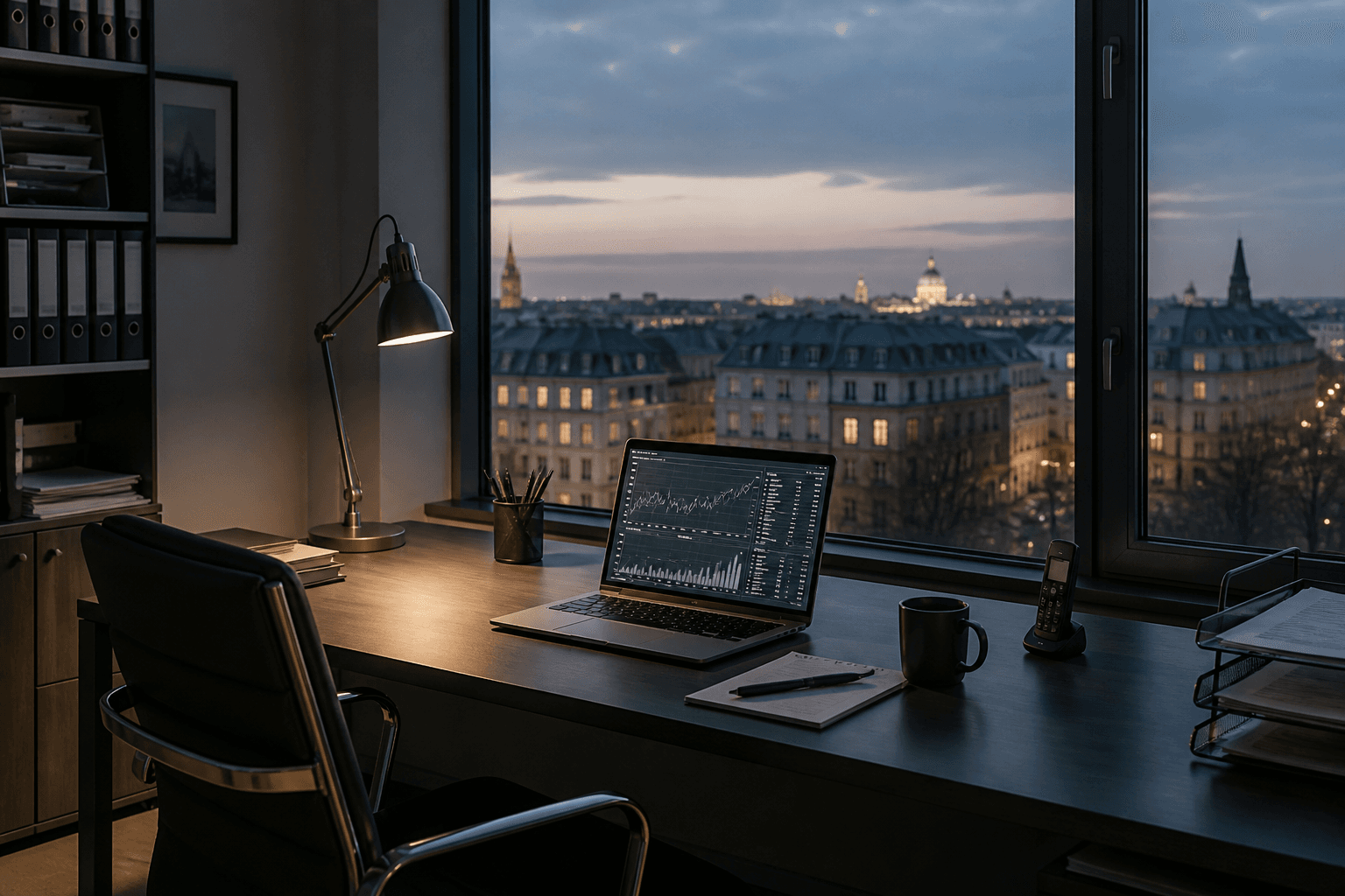Quiet office at close, looking over the city